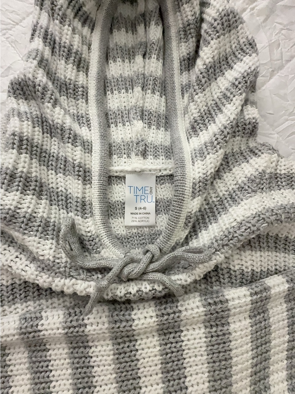 Time and Tru Striped Hooded Knit Sweater in Gray and White
